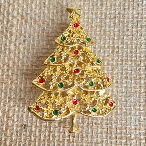 AAI Christmas Tree vintage brooch pin in goldtone with red and green ornaments